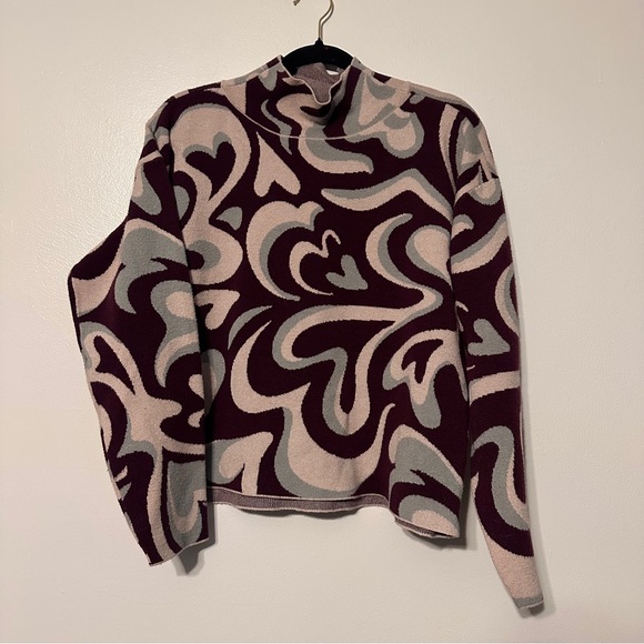 Anthro Maeve Carys Heart Pattern Mock Neck Sweater size Large Purple - Picture 2 of 7